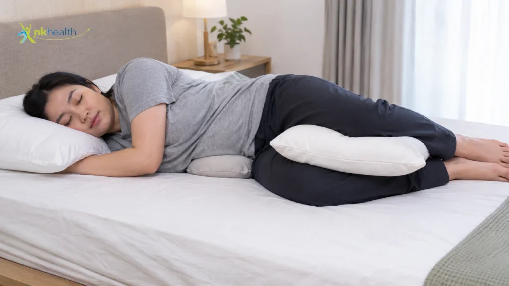 Posisi Tidur Saraf Kejepit Miring dengan Bantal di Antara Lutut
