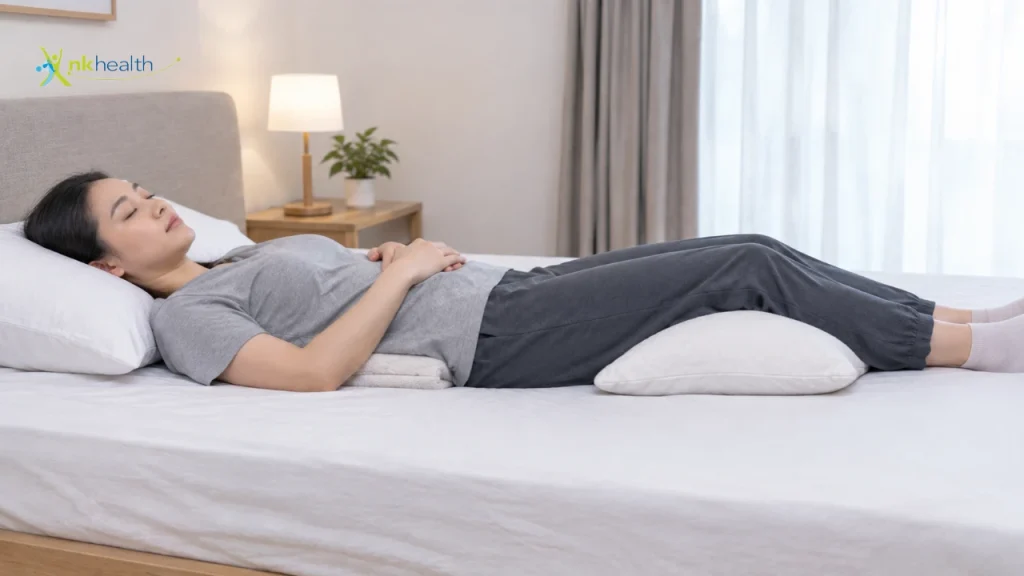Posisi Tidur Saraf Kejepit Telentang dengan Bantal di Bawah Lutut